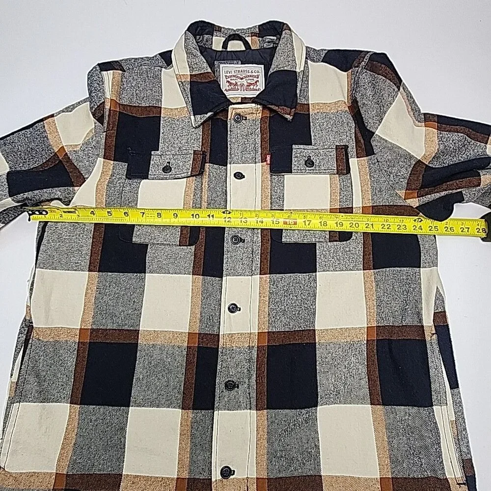 Levi Strauss Jacket Coat Quilt Lined Men Sz XL Zip Button Blue Tan Plaid Pockets